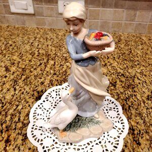 Lladro Style (unbranded) Girl With Fruit Basket And Duck Porcelain Figurine 9”